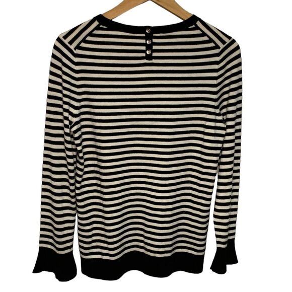 Talbots Black Ivory Striped Lambswool Blend Long Bell Sleeve Sweater Size S - Picture 2 of 10